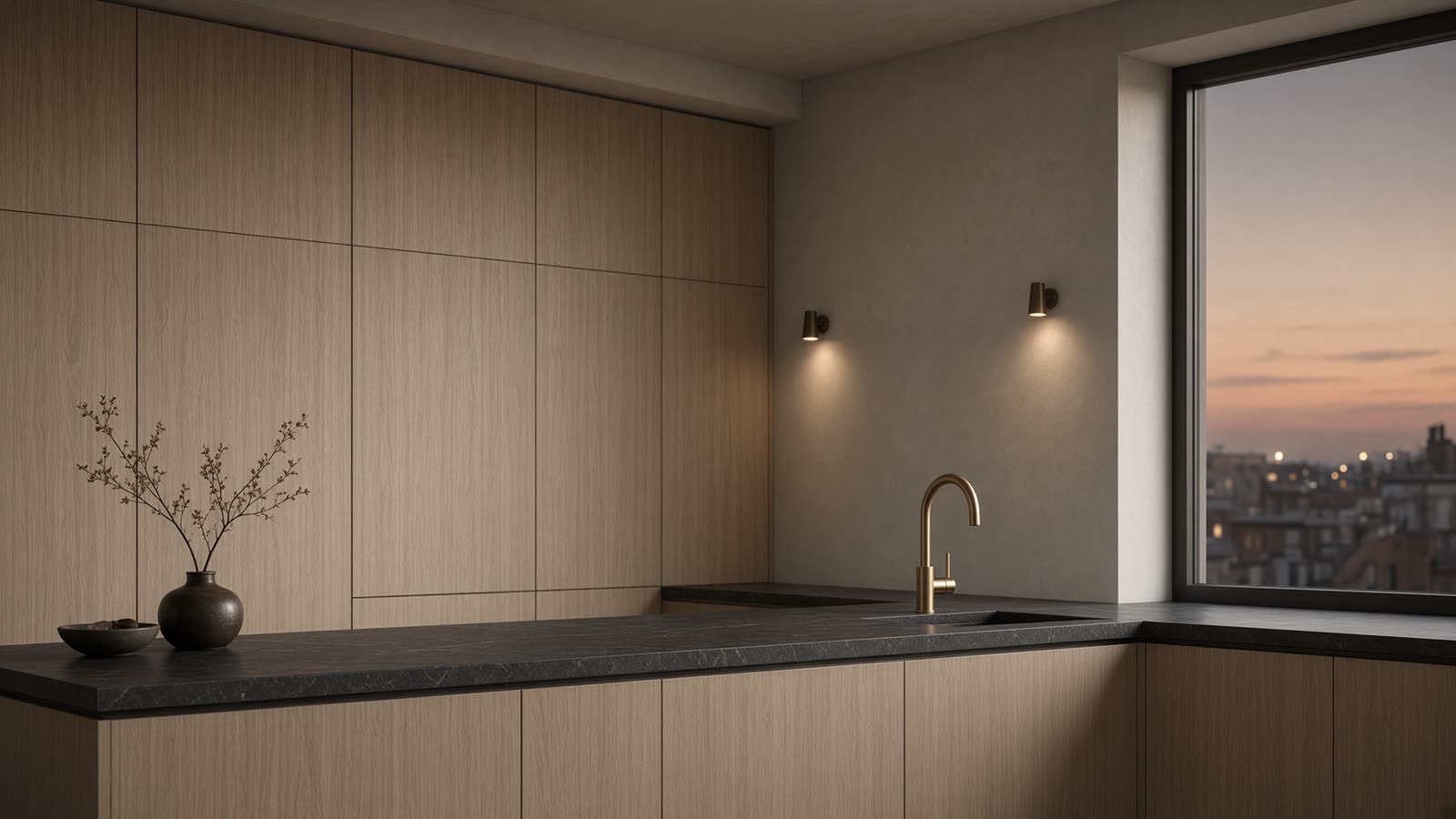 Rift oak laminate kitchen cabinets at dusk
